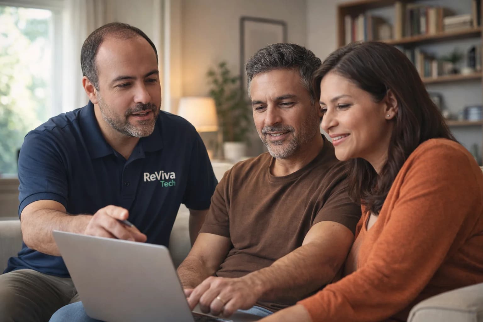 RevivaTech technician setting up computer and WiFi for customers at home