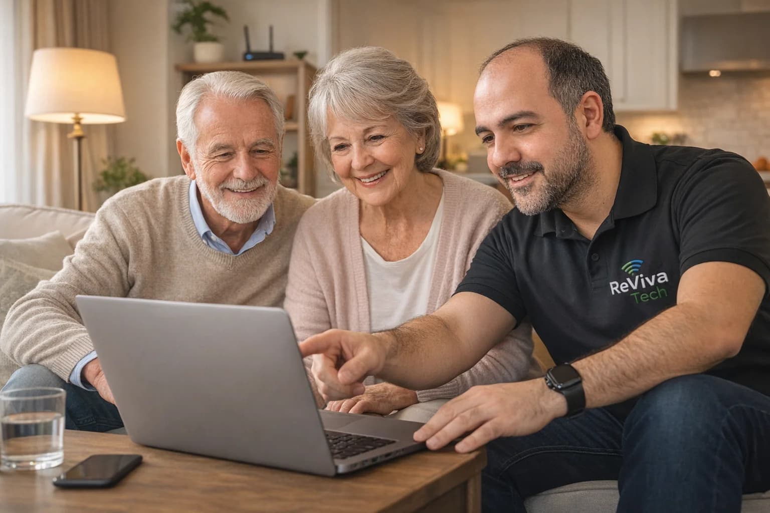 Patient IT technician explaining technology to elderly couple at their home in Bournemouth