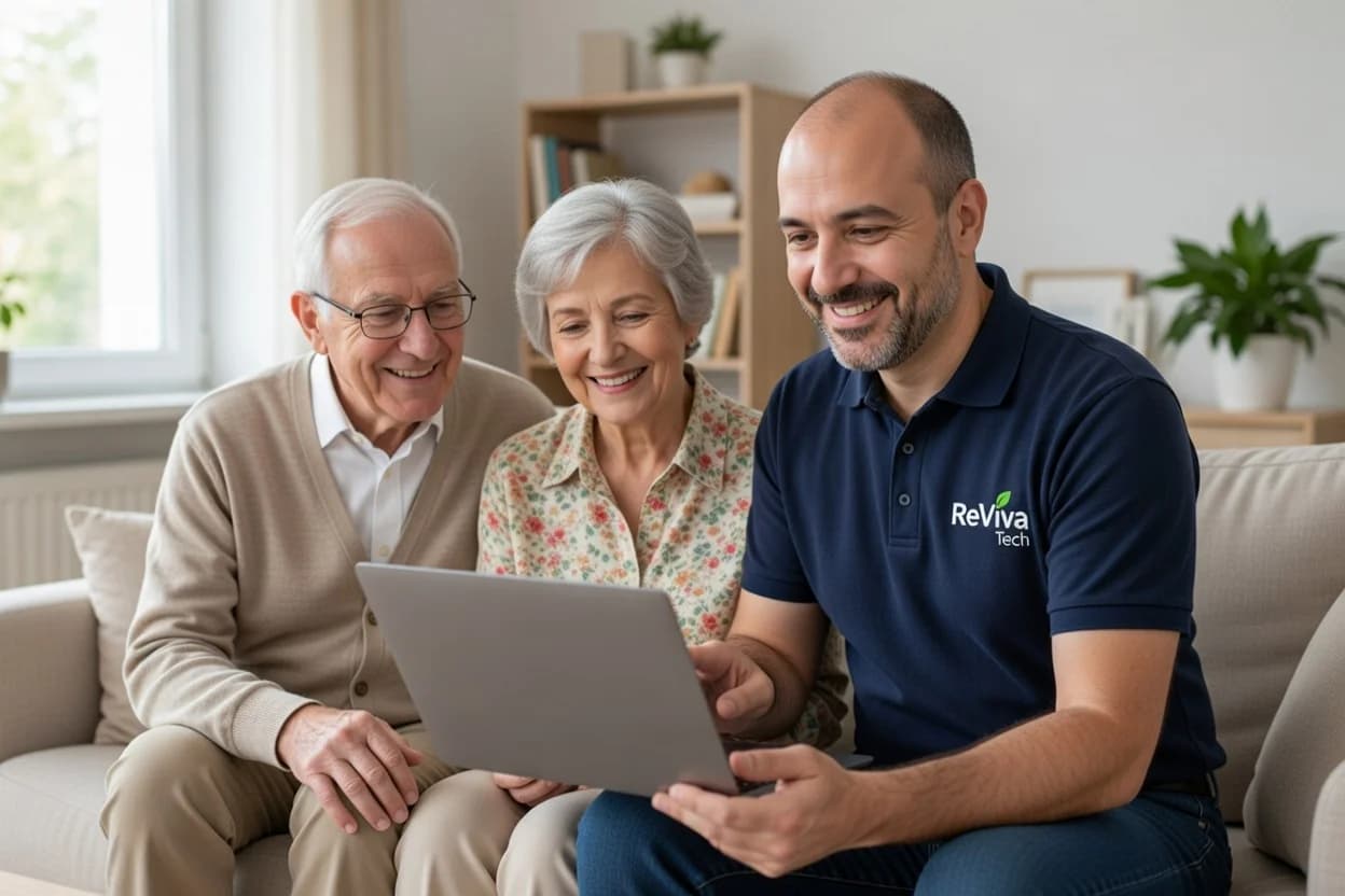 Home IT support technician helping customer with computer problems in Bournemouth