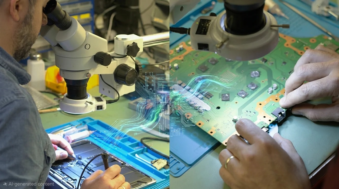 Mac, iPhone & Laptop Repair — RevivaTech Bournemouth Computer repair technician performing microscope board inspection and PCB soldering at RevivaTech Bournemouth